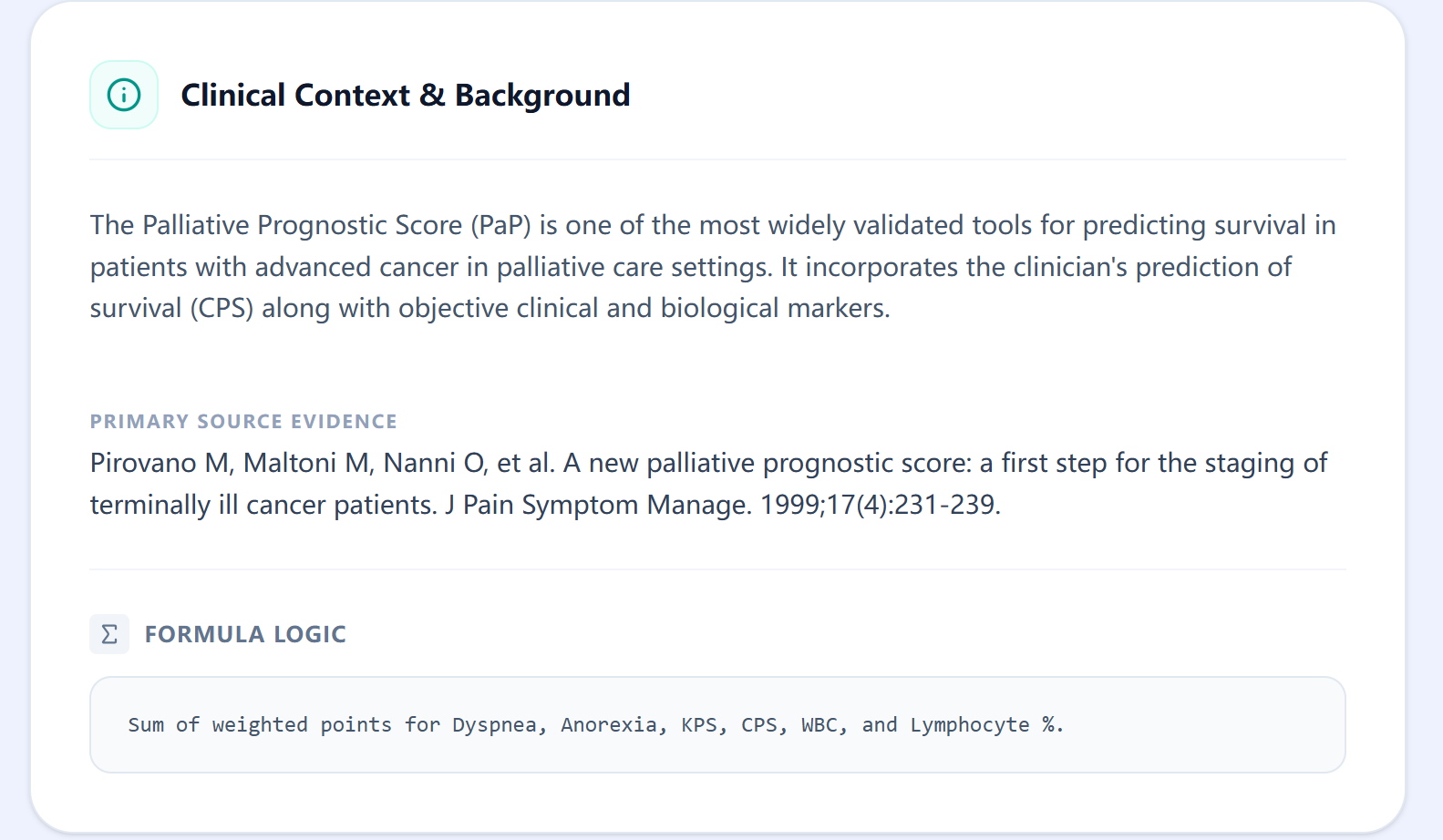 Clinical context panel summarizing development and validation.